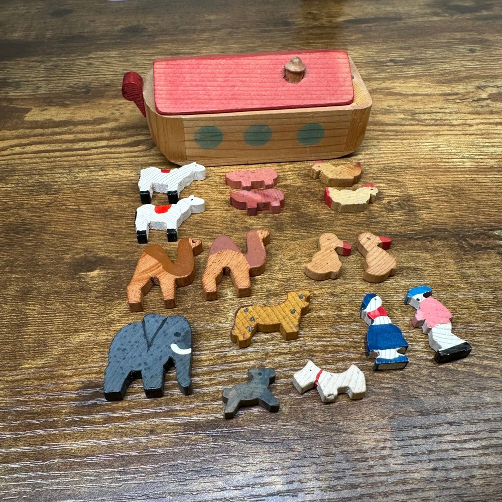 Vintage Noahs Ark Wooden Toy Set Hand Painted Figures Made in Italy Folk Art